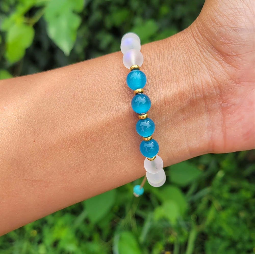 Clear Mystical Aura Quartz & Selenite Gemstone Beaded Bracelet.